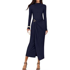 Zesica Women's Navy Long Sleeve Mock Neck Long Midi Bodycon Cocktail Dress
